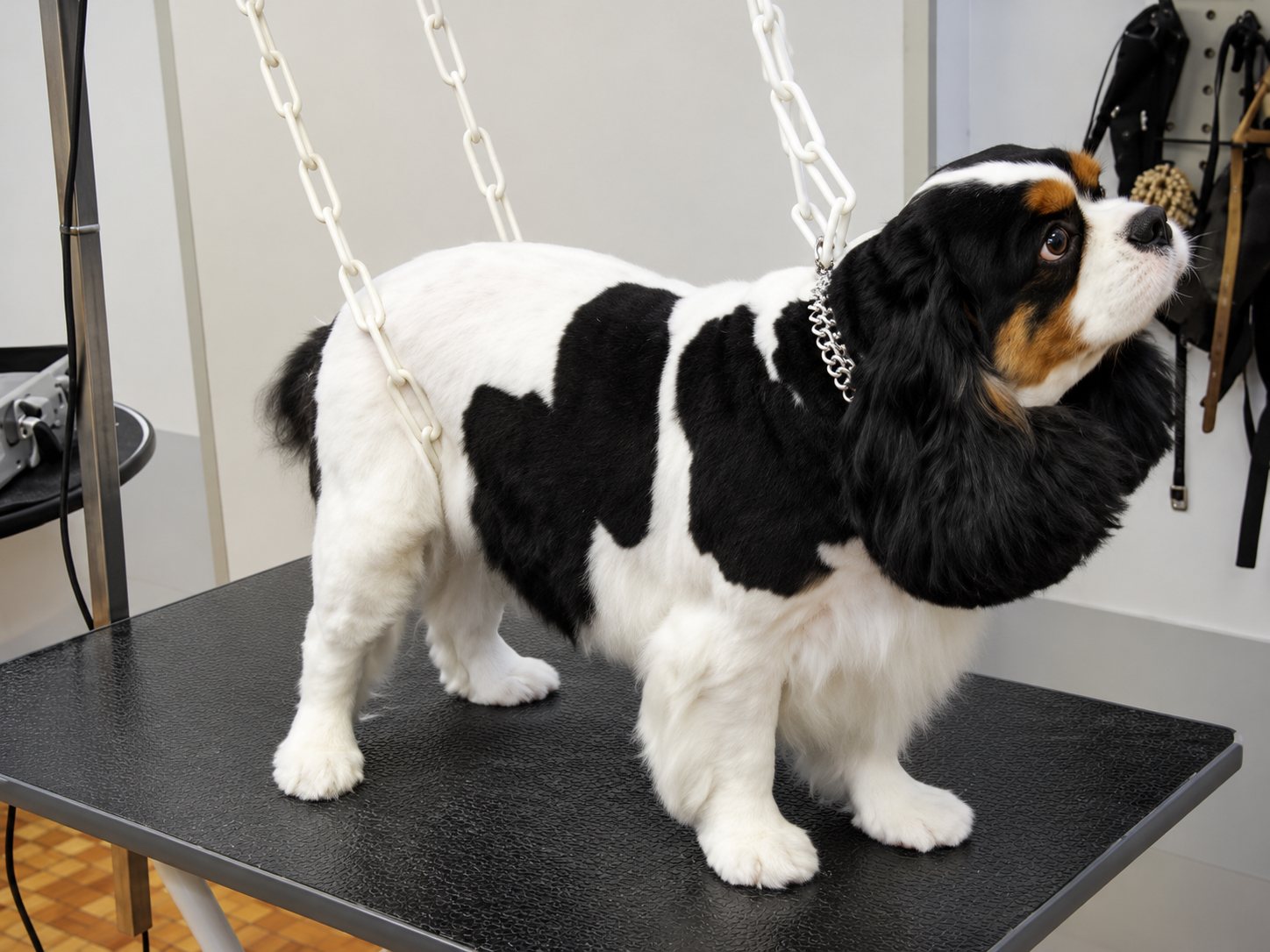 Un cavalier King Charles noir et blanc se tient debout sur une table de toilettage, maintenu par des chaînes métalliques.